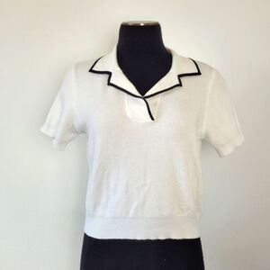 White Knit Sweater Cropped Short Black Trim Preppy Tennis Old Money Academia S
